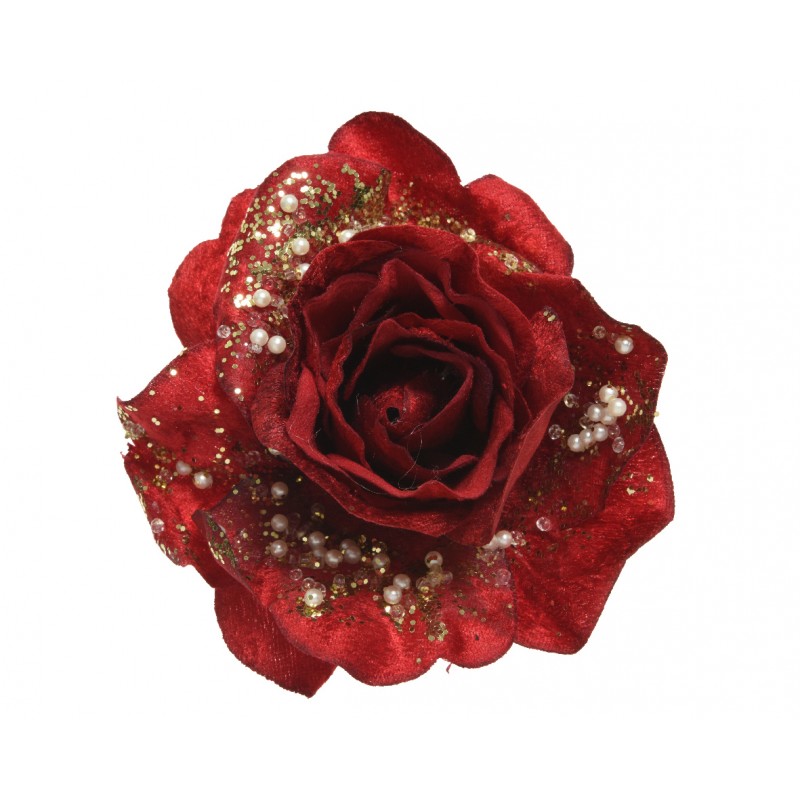 Rosa roja de perlas doradas con clip - Ø13cm