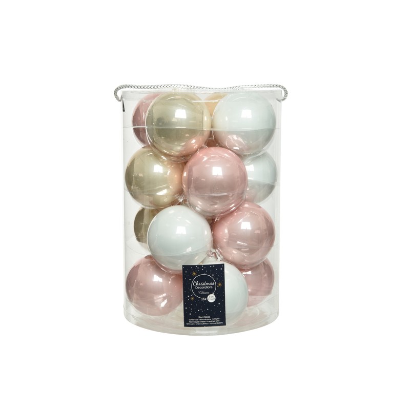 Tubo 16 bolas rosa pálido / blanco, cristal esmaltado