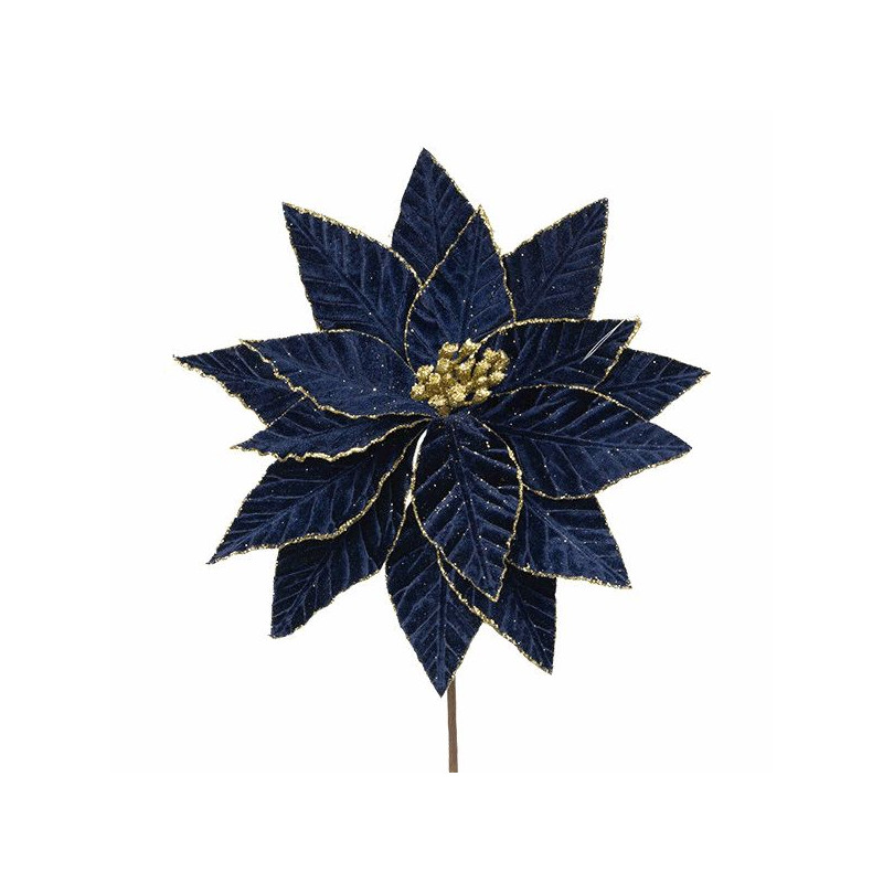 Flor Poinsetia azul oscuro terciopelo con oro 30x45cm