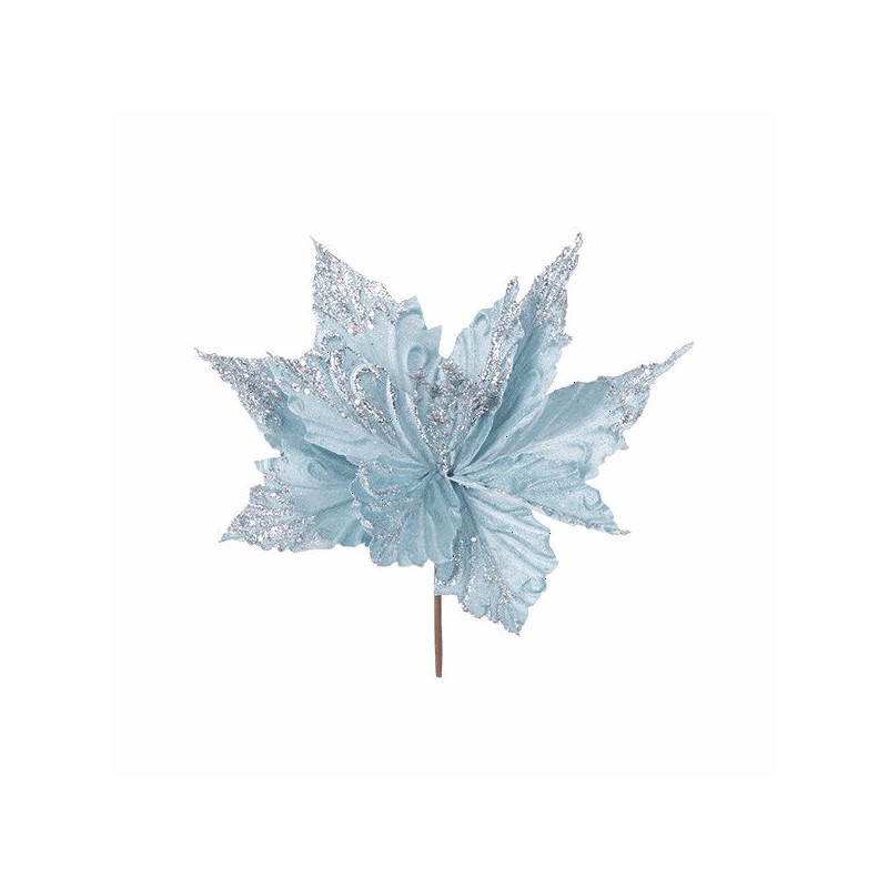 Flor Poinsetia azul con purpurina plateada 29x20cm