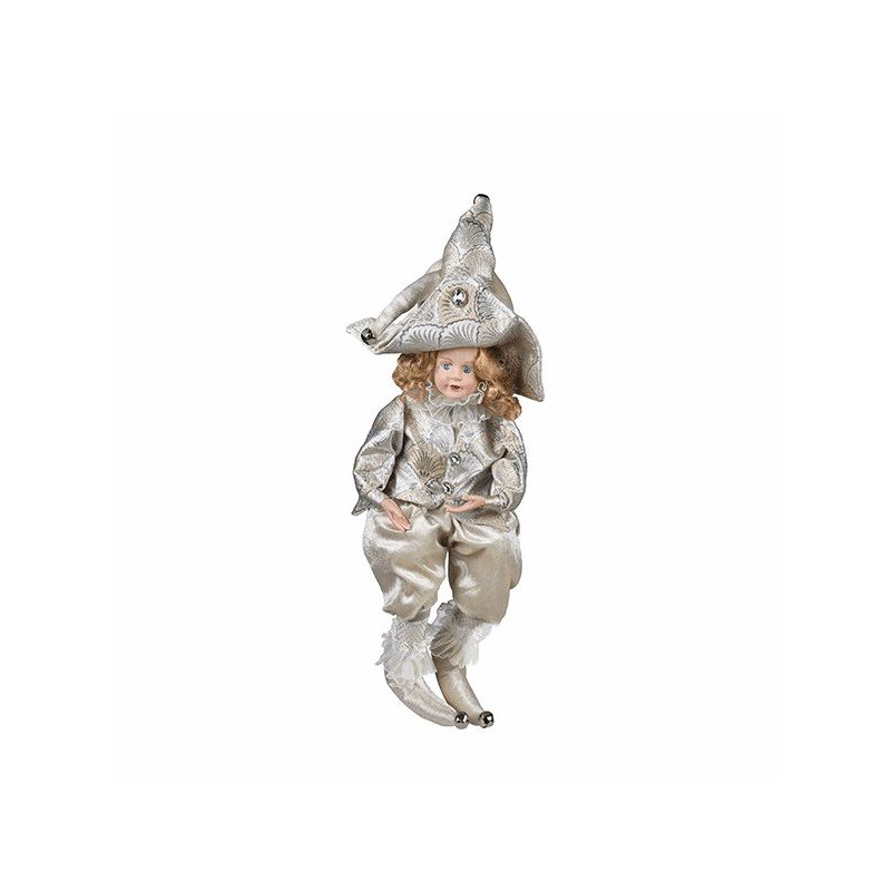 Pierrot a cuerda con traje de teatro blanco y dorado  H35,5cm